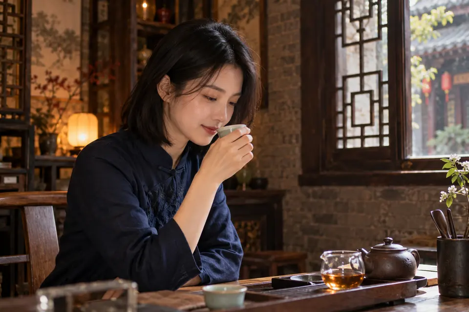深色木作茶室内,一位年轻女性手持陶杯闻香