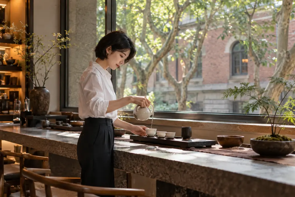 都市梧桐街区茶室内，一位年轻女性在白瓷茶具前倒茶